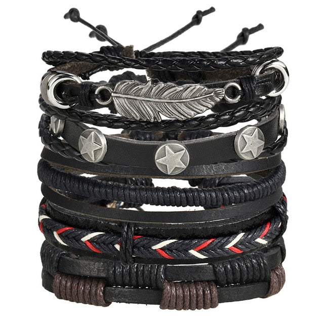 IF ME Vintage Leaf Feather Multilayer Leather Bracelet Men Fashion Braided Handmade Star Rope Wrap Bracelets & Bangles Male Gift